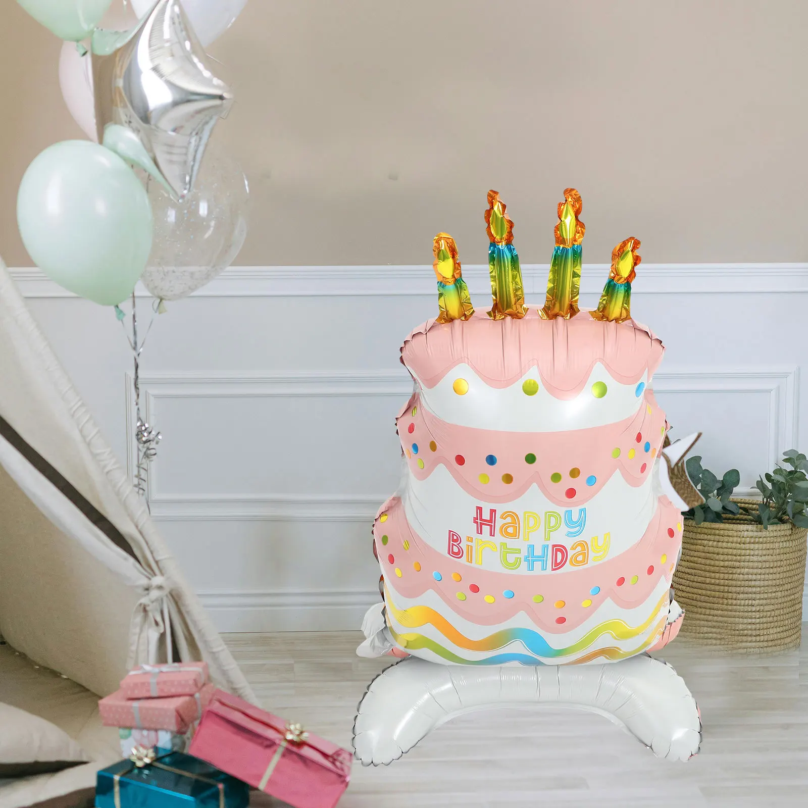

Aluminum Foil Cake Large Standing Happy Birthday Cake Shaped Balloon For Party Decoration Inflatable Layout Scene