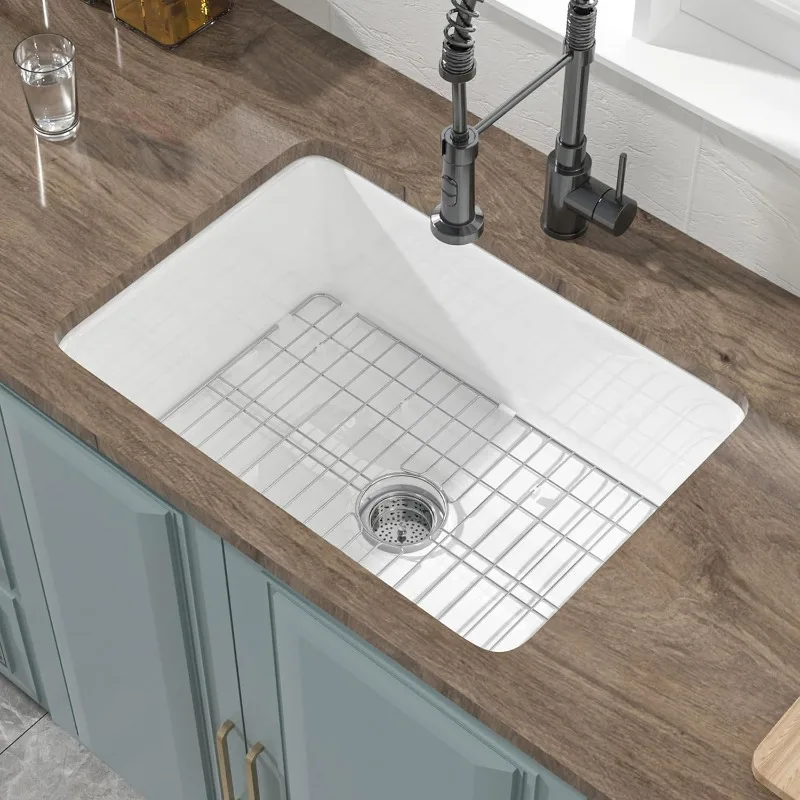 

Undermount Kitchen Sink White 27 x 19 Inch,10" High Top Mount Fireclay Sink Drop In Single Bowl, Dual Mount, with Accessory 2 Ty