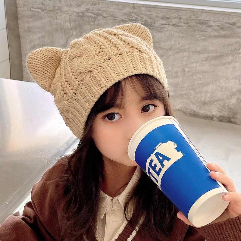 Cute and Super Cute Cartoon Cat Ear Wool Hat M Standard Winter Warm Ear Protection Handmade Knitted Hat Children's Hat Versatile