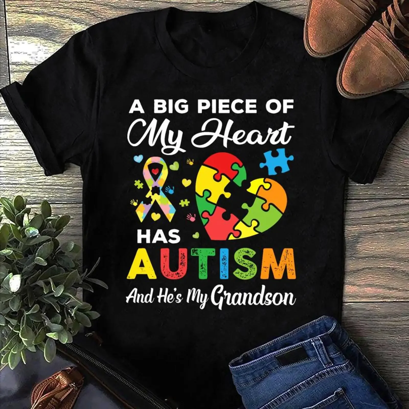 A Big Piece Of My Heart Has Autism And Hes Grandson T Shirt Awareness Support Advocate vintage Washed fashion Versatile