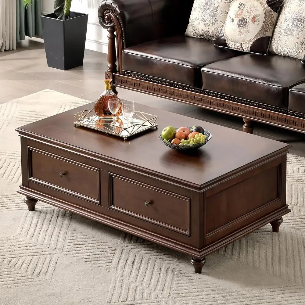 アメリカンカントリー風無垢材コーヒーテーブル、リビングルーム用の古いノスタルジックなアンティークデザイナー製引き出し付きコーヒーテーブル