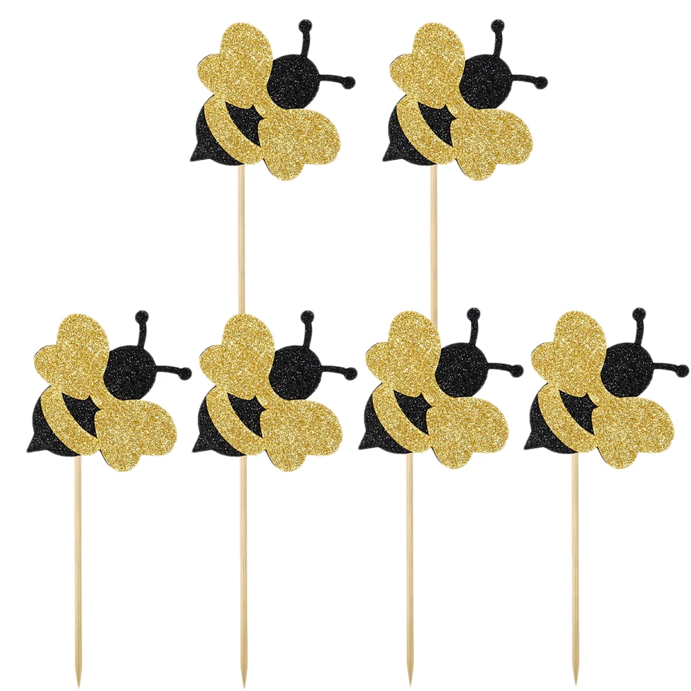 

6Pcs Shiny Bee Cupcake Toppers Paper Honeybee Fruit Picks Dessert Decorations Kids Birthday Party Cake Toppers