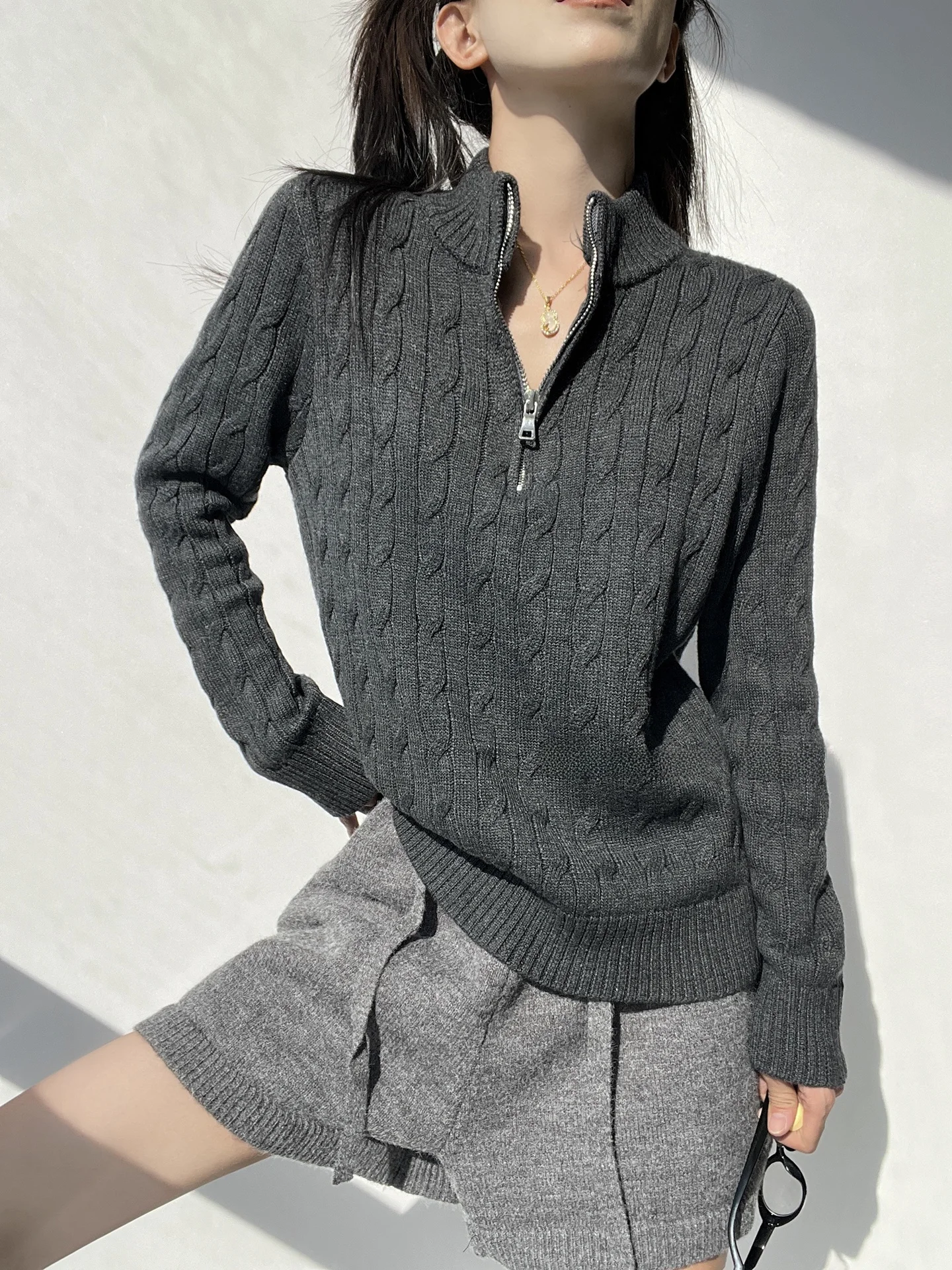 MianCun Women's Zipper Knitted Sweater Half High Collar  Patterned Winter Warm Inner Wear Korean Style Regular Fit
