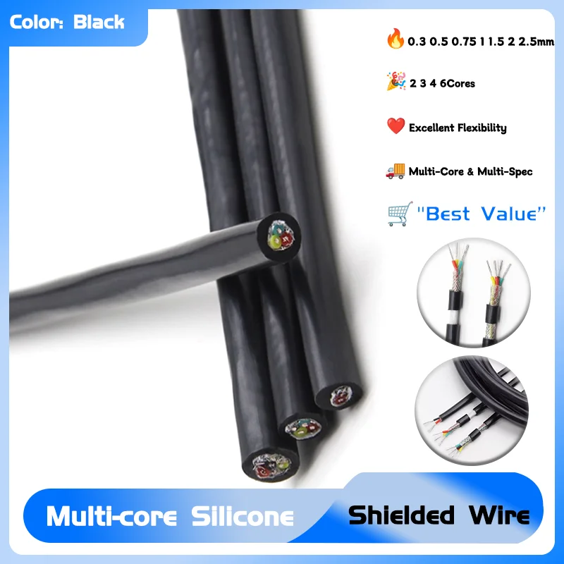 0.3 0.5 0.75 1 1.5 2 2.5mm x 2 3 4 6Cores 5/10m Silicone Rubber Shielded Cable Insulated Flexible Copper High Temperature Wire