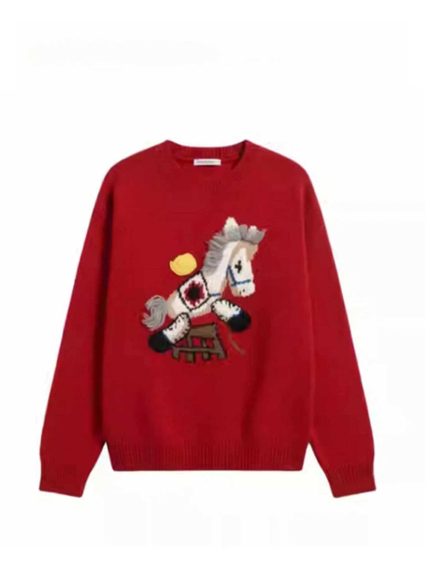 

Модный красный трикотаж с вышивкой, женский модный зимний топ, корейский длинный свек, стандартный крой, цветной экипаж Ne