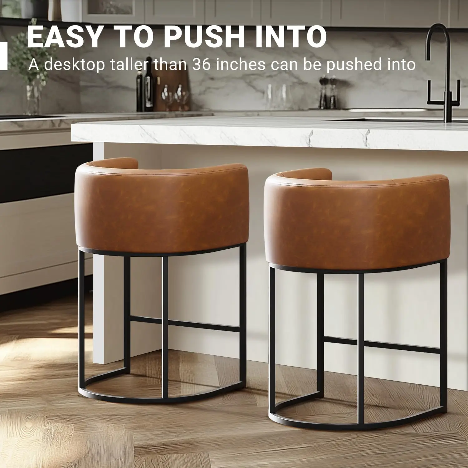 26" H Counter Height Bar Stools Set of 2, Modern Barrel Counter Stools with Backrest and Arms, Faux Leather Upholstered Accent B view 5