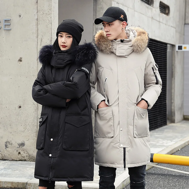 Winter New Women\'S and mens Hooded Down Jacket Oversized Long Loose Clothing Coat Korean Fashion big fur Warm white duck down