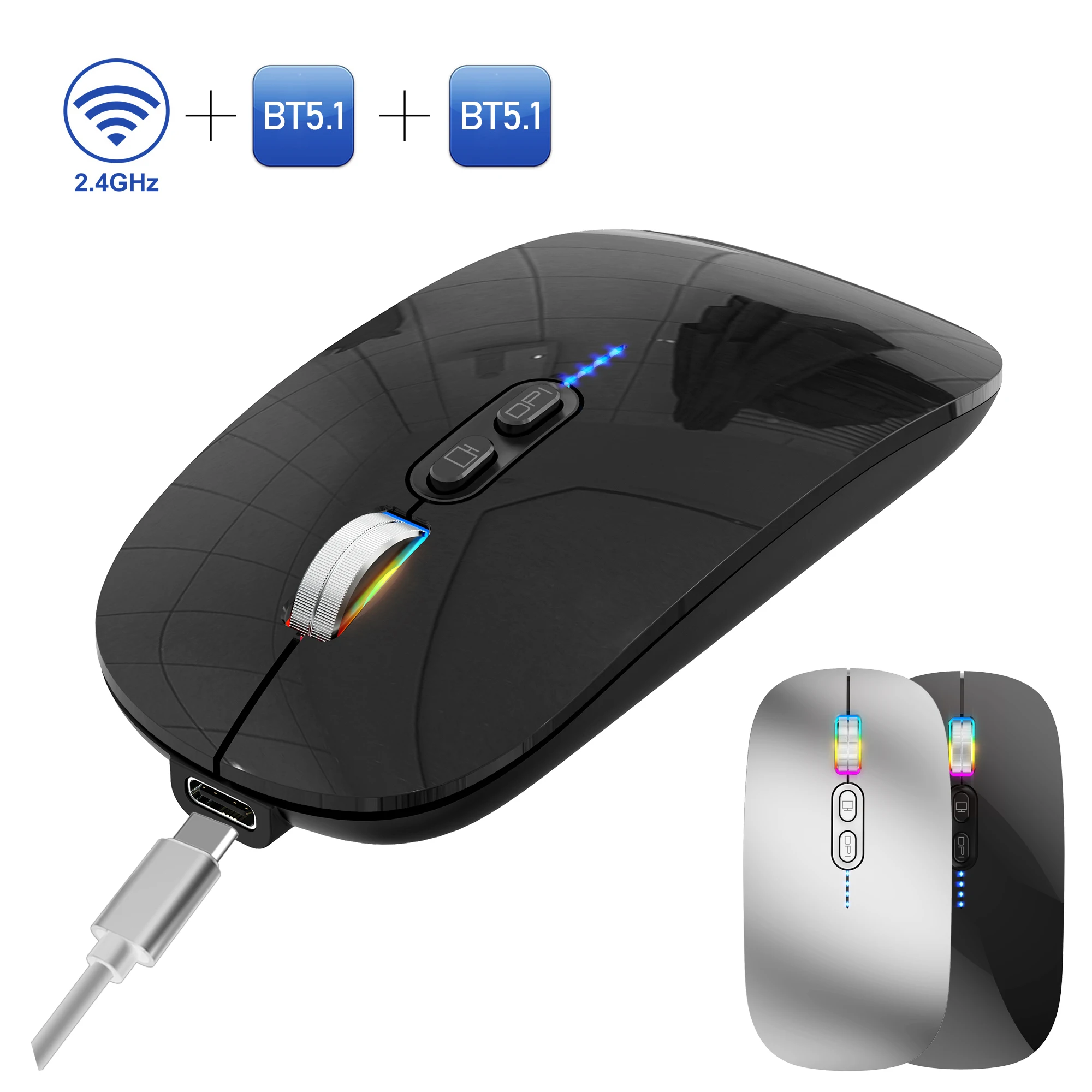 Newest Slim Mini Portable 2.4G+BT 3-Mode Optical Gaming Mouse Rechargeable 2.4GHz Wireless mice for Laptop Computer PC