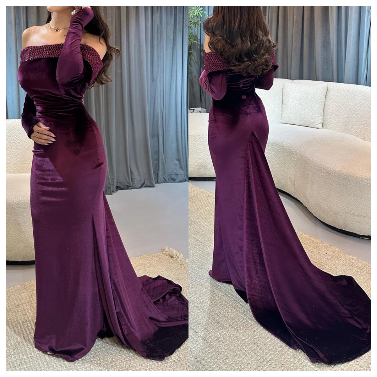 

Customized High Quality Purple Velvet Evening Dress Boat Neck Off the Shoulder Long Sleeves Bespoke Occasion Gowns Bridal Party