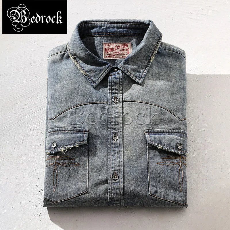 MBBCAR 9.8oz Vintage Button All Cotton Casual Shirt Blue Distressed Denim Heavy Destroy Wash Western Jean Long Sleeve Shirt Men