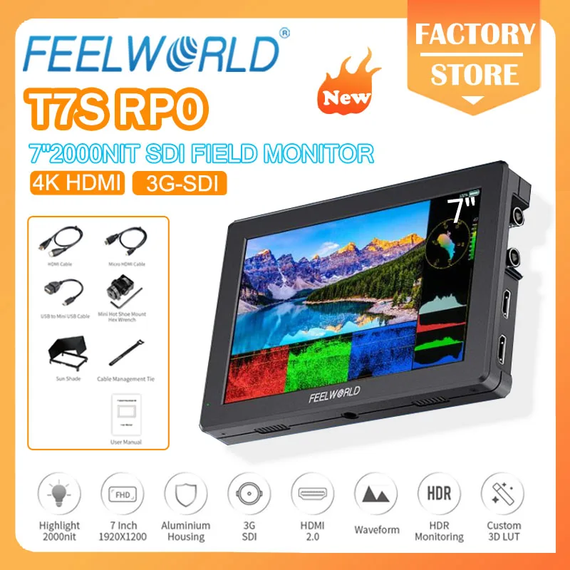 FEELWORLD T7S PRO 7 inch 2000NIT Field Camera Monitor Ultra High Brightness 3G SDI 4K HDMI Accurate Waveform Monitoring