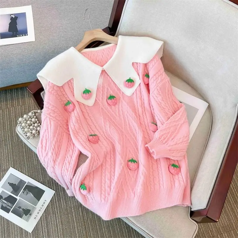 Sweet Peter Pan Collar Patchwork Knitting Pullovers Femme Autumn Winter Lively Cute Long Sleeve Loose Sweater Women Clothes Tops