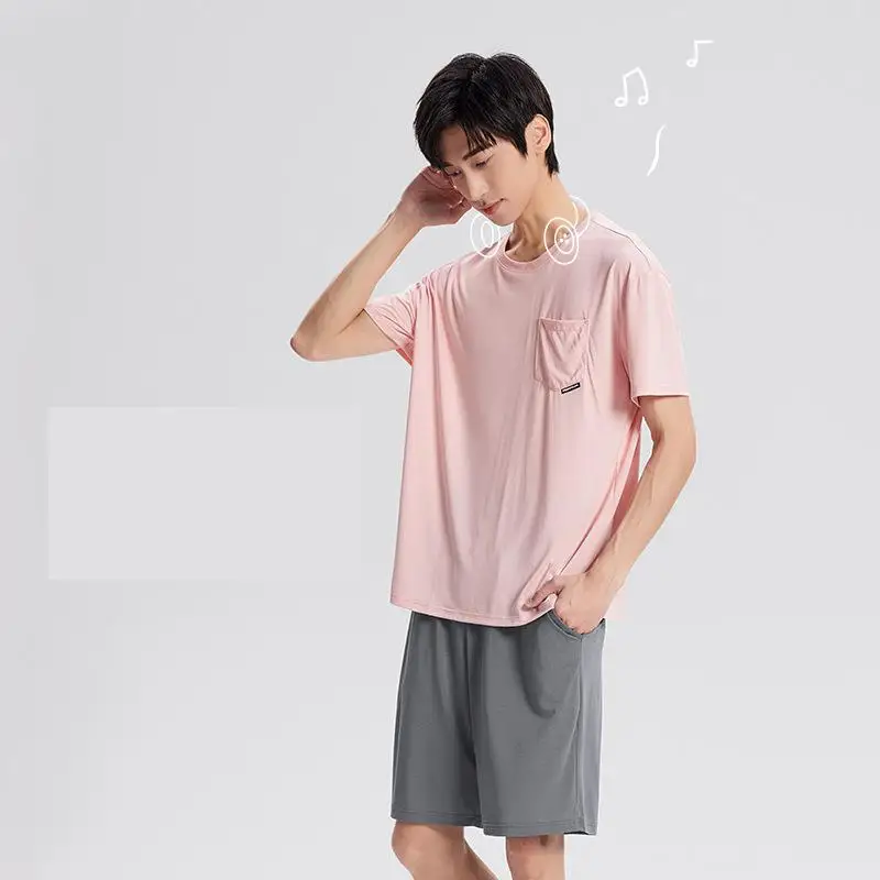 New Spring/summer Men's Short Sleeved Pants Set Thin Home Fury Pocket T-shirt Solid Color Pajamas And Nightwear Round Neck Man