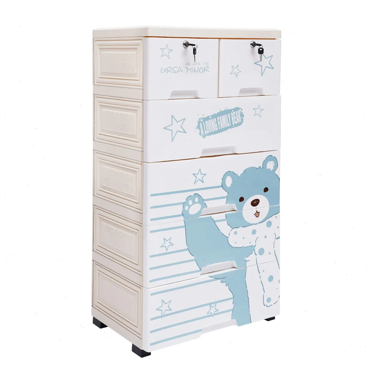 Storage Cabinet (19.7*13.7*40in),  Plastic Drawers Dresser, Cartoon Bear Organizer, 6 Drawer Unit for Kids Room, Vertical Closet, Space Saving Furniture