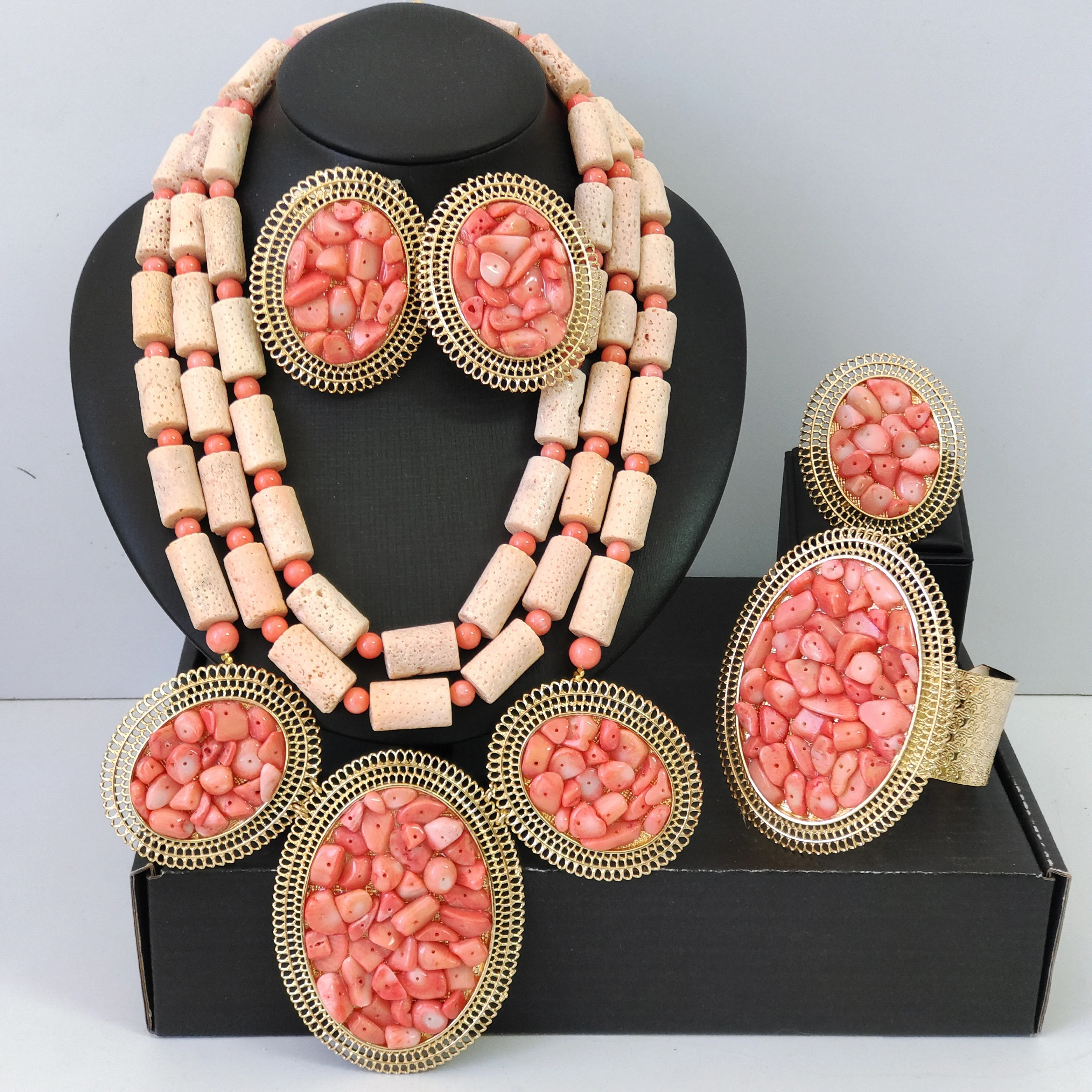 Nigeria Coral Beads Jewelry Set for Woman African Wedding Accessories