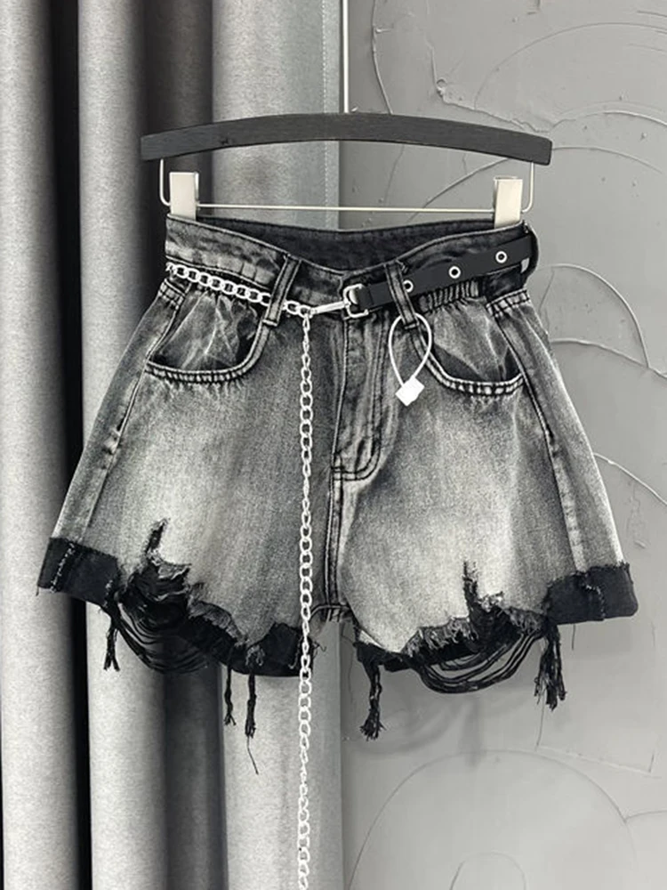 

Smoke gray high waisted A-line denim shorts for women in the summer of 2024, thin cut with holes, loose fit, slimming