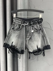 Smoke gray high waisted A-line denim shorts for women in the summer of 2024, thin cut with holes, loose fit, slimming