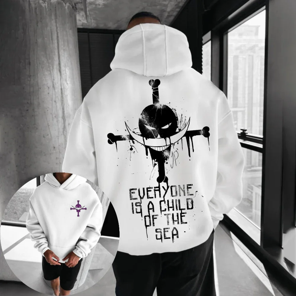 One Piece Hoodie, Unisex-Kapuzenpullover mit Kordelzug, weißer Bart, Jolly Roger, Totenkopf auf Vorder- und Rückseite, Anime-Print, lässiger Pullover.