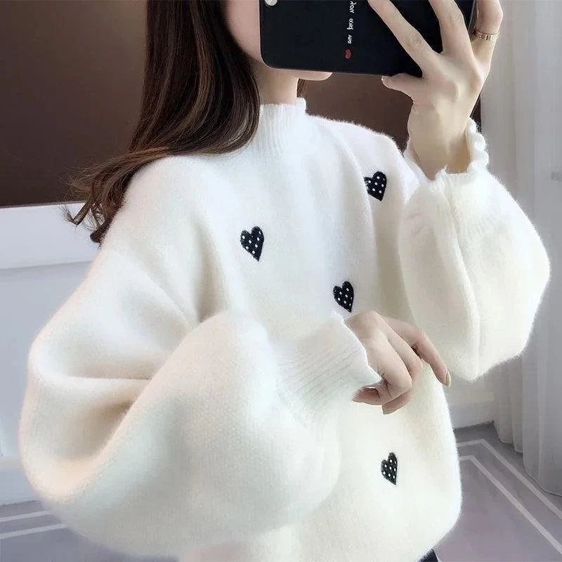 Autumn Winter New Style Student Girls' Clothing Ice Silk Fabric Loose Thickened Half High Collar Women's Knitted Sweater