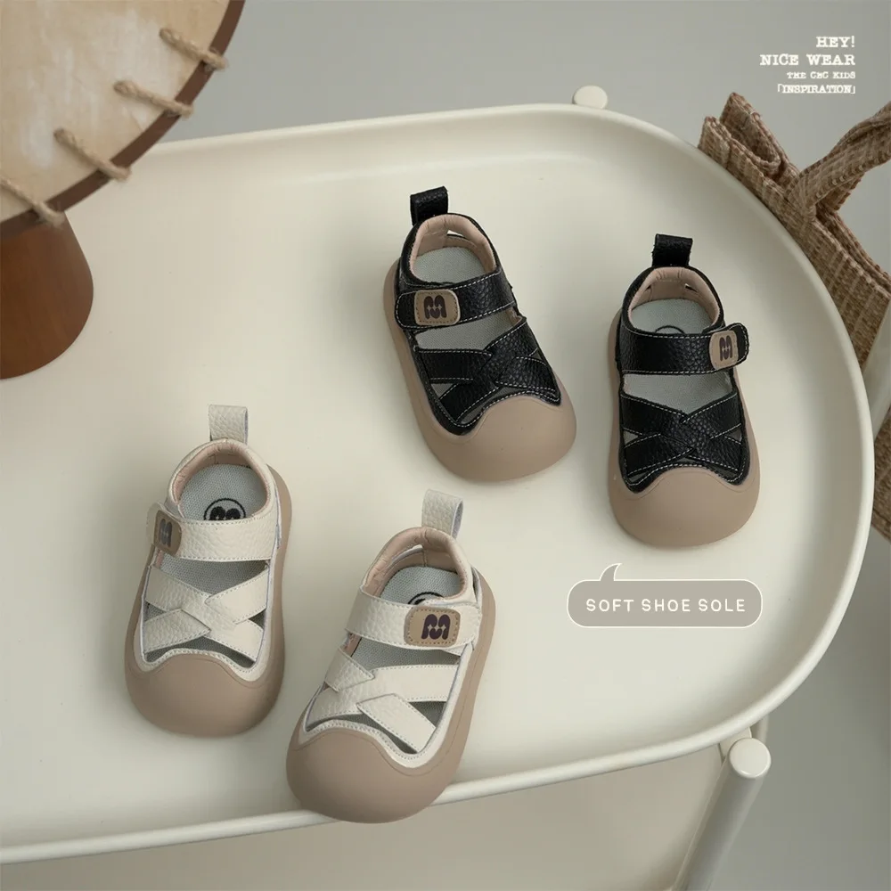 Children Sandals Girls Geniune Leather Toe Cap Cut-outs Sandals Baby Boys Soft Sole Casual Shoes Size 17-30