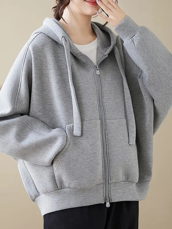Casual Hooded Zipper Sweatirt plus Size Women's Faion Slimming Age-Defng Versatile Simple Open Cardigan for Autumn Winter