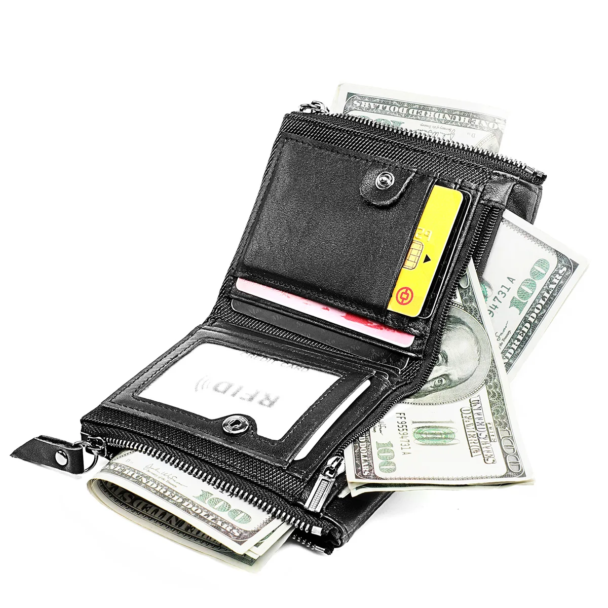 Genuine Leather Short Men RFID Wallets Name Engraving Leather Card Holder Brand Men Retro Coin Pocket Zipper Male Wallet