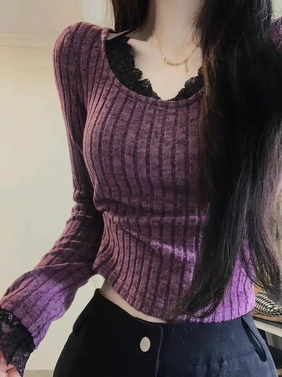 New Women's Autumn and Spring Casual Fitted Slim Regular-Shoulder Lace Spliced Long-Sleeve T-Shirt