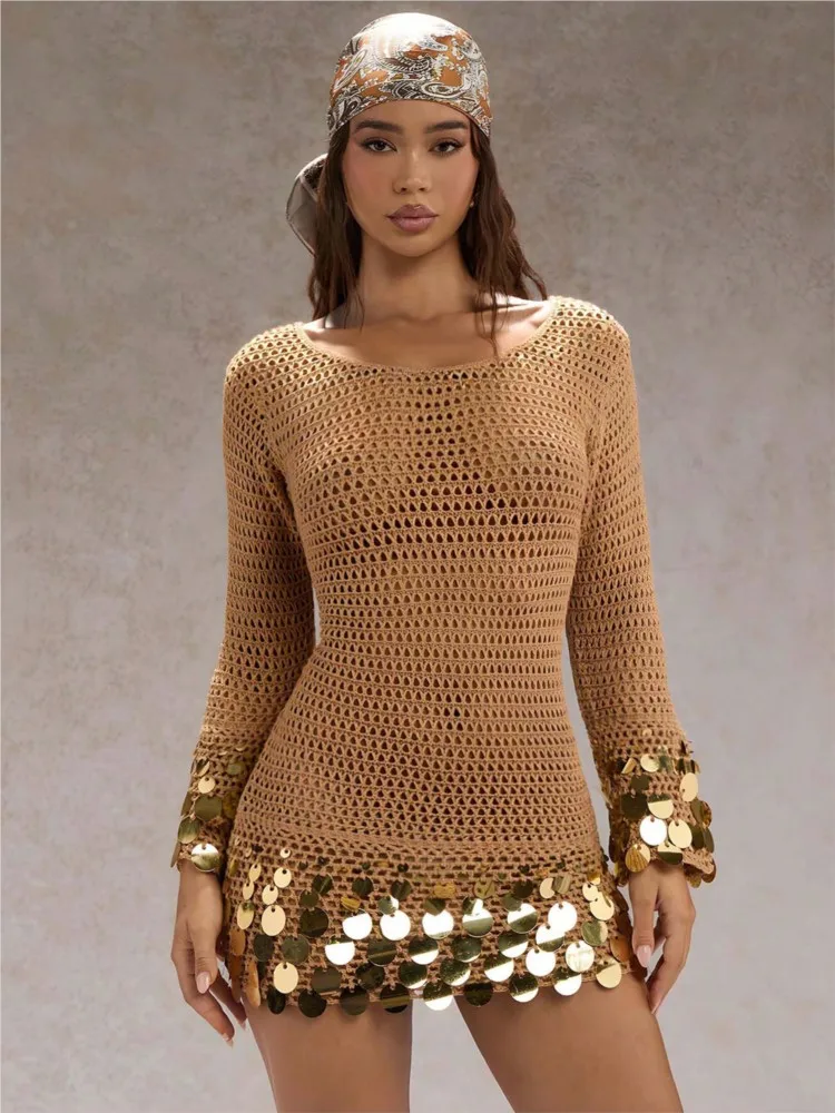 

Dresses 2026 Woman Hollow Out Round Neck Dress Sequin Patchwork Slim Package Hip Contrast Bodycon vestidos Elegant Temperament