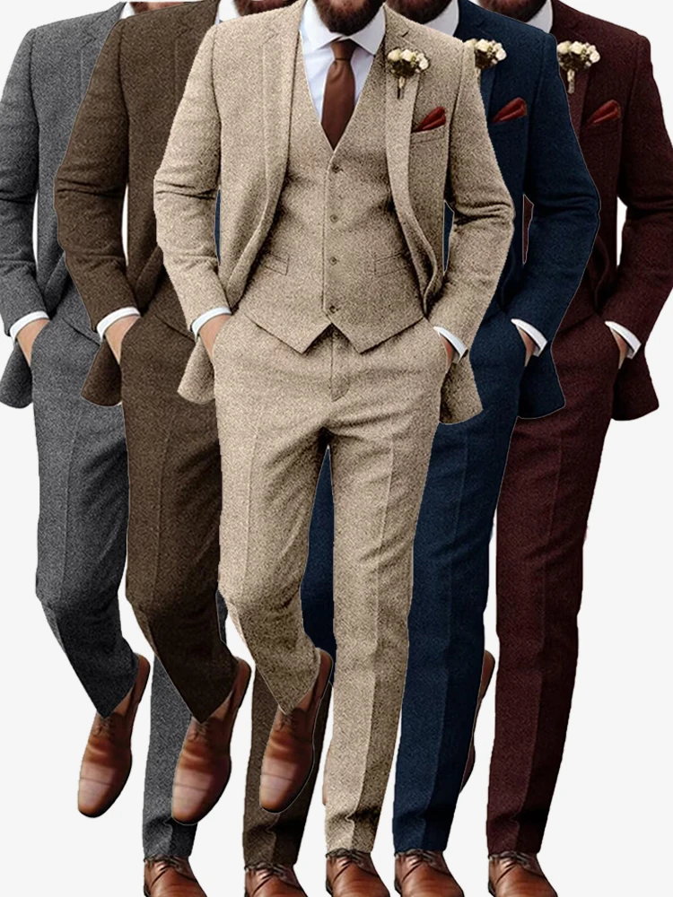 

Men's Suits Tweed Herringbone Slim Fit Business Cauasl Waistcoat Jacket Groomsmen Wedding Suits 3 Pieces （Blazer+vest+Pants）