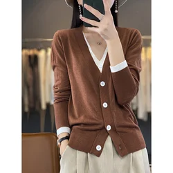 Thin Color Matching Worsted Wool Cardigan Female V-Neck Long-Sleeved Sweater Fake Two-Piece Sweater Coat Single-Breasted Coat