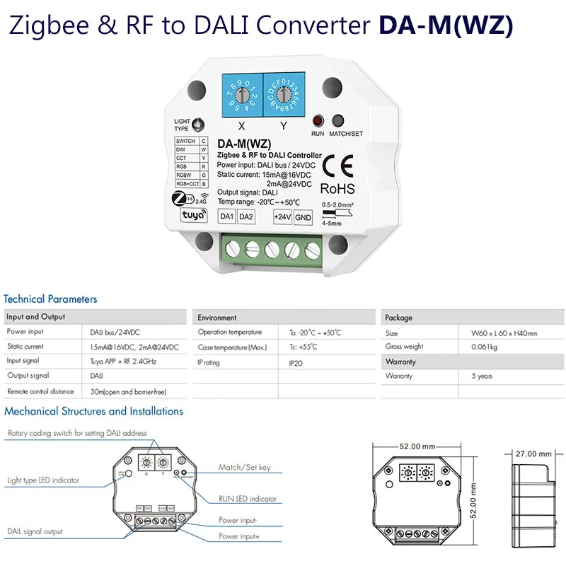 6-in-1 Tuya Zigbee&RF to DALI Conventor DA-M(WZ) DALI bus 24VDC Encode Swich CCT/RGB/RGBCW Voice Control SmartLife Alexa Google