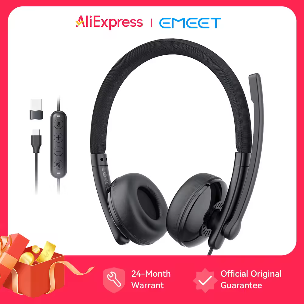 אוזניות מחוברות EMEET עם מיקרופון, מרכז שיחות USB, אוזניות ENC לביטול רעש, כבל למשרד אוזניות לטלפון / מחשב PC