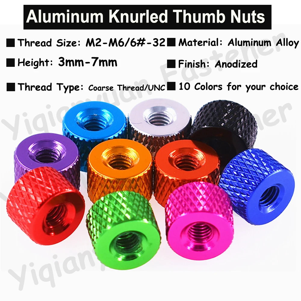 Yiqianyuan 5Pcs Set M2-M6 6#-32 UNC Aluminum Colorful Knurled round Thumb Nuts Hand-Tightening for DIY Projects