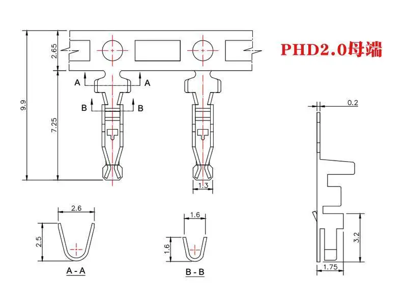 100 Stück PHD2.0 Buchsenanschlussklemme aus Phosphorbronze, Steckerabstand 2,0 mm, Kabelstecker – Detail 1