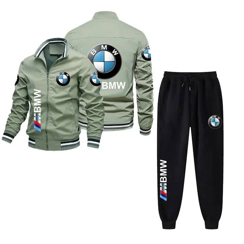 ชุดแจ็คเก็ตซิปพิมพ์ลายโลโก้แบรนด์ BMW สำหรับผู้ชาย เหมาะสำหรับผู้ที่ชื่นชอบรถยนต์ แจ็คเก็ตฤดูใบไม้ผลิและฤดูใบไม้ร่วงแบบสตรีท+กางเกง ชุดสองชิ้น