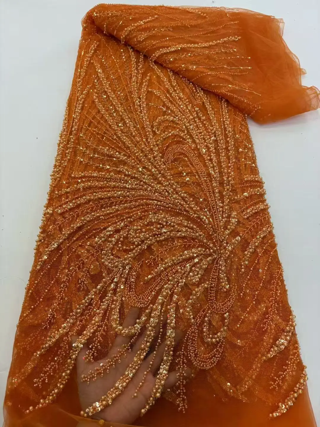 

African Lace Fabric High Quality Sequins Beads Lace Fabrics Heavy Handmade For Nigerian Wedding French Tulle Lace Fabric Sewing