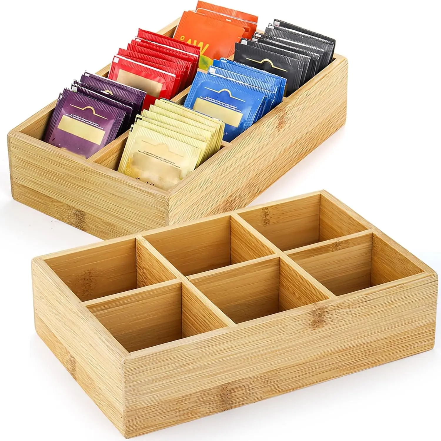 

Bamboo Tea Bag Organizer 2 Pack with 6 Compartments for Drawer Shelf Coffee Station Sugar Packets