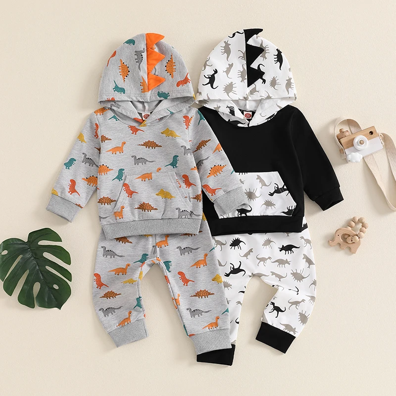 

Autumn Kids Fashion Boys Clothes Sets Dinosaur Print Long Sleeve Hood Sweatshirts Tops with Elastic Waist Pants Casual Outfits