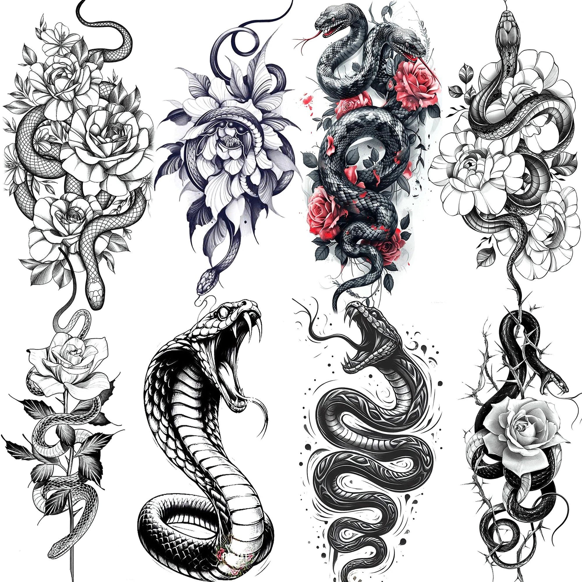 

1 Sheet Snake With Rose Flowers Temporary Tattoos For Women Girls Waterproof Realistic Fake Tattoos Long Lasting Arm Leg Sticker
