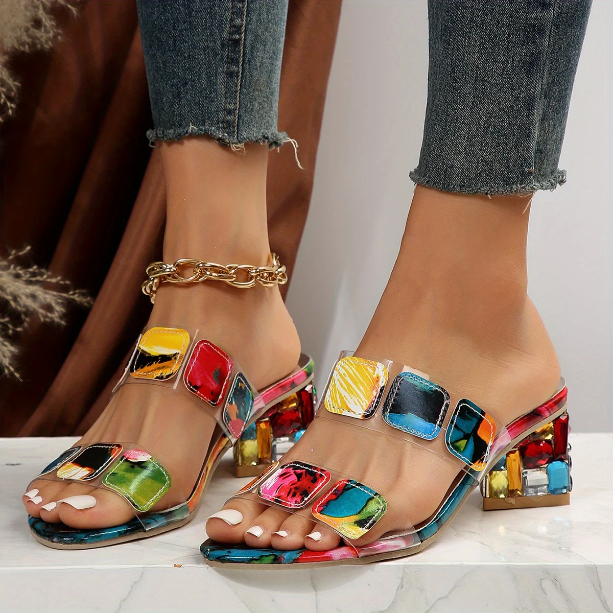 Women Colorful Chunky Heeled Sandals Rhinestone Decor Slip On Open Toe Mid Heels Stylish Daily Wear Sandals