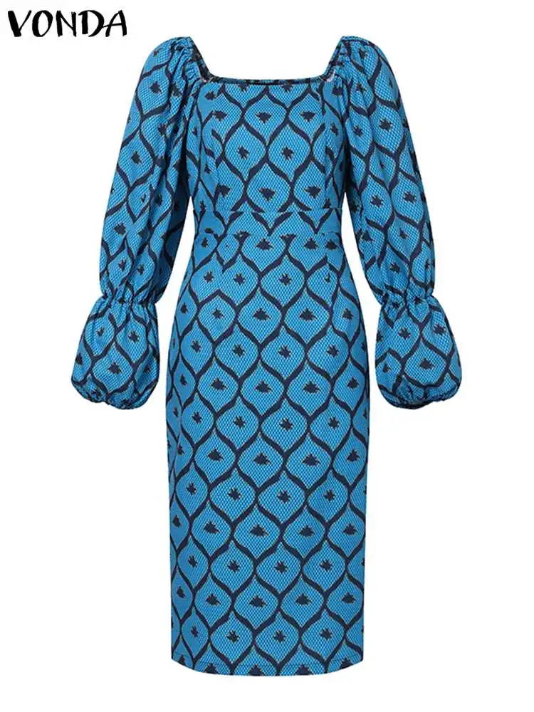 Plus Size 5XL VONDA Bohemian Midi Dress Autumn Women Long Lantern Sleeve Printed Sundress Square Collar Elegant Party Vestidos