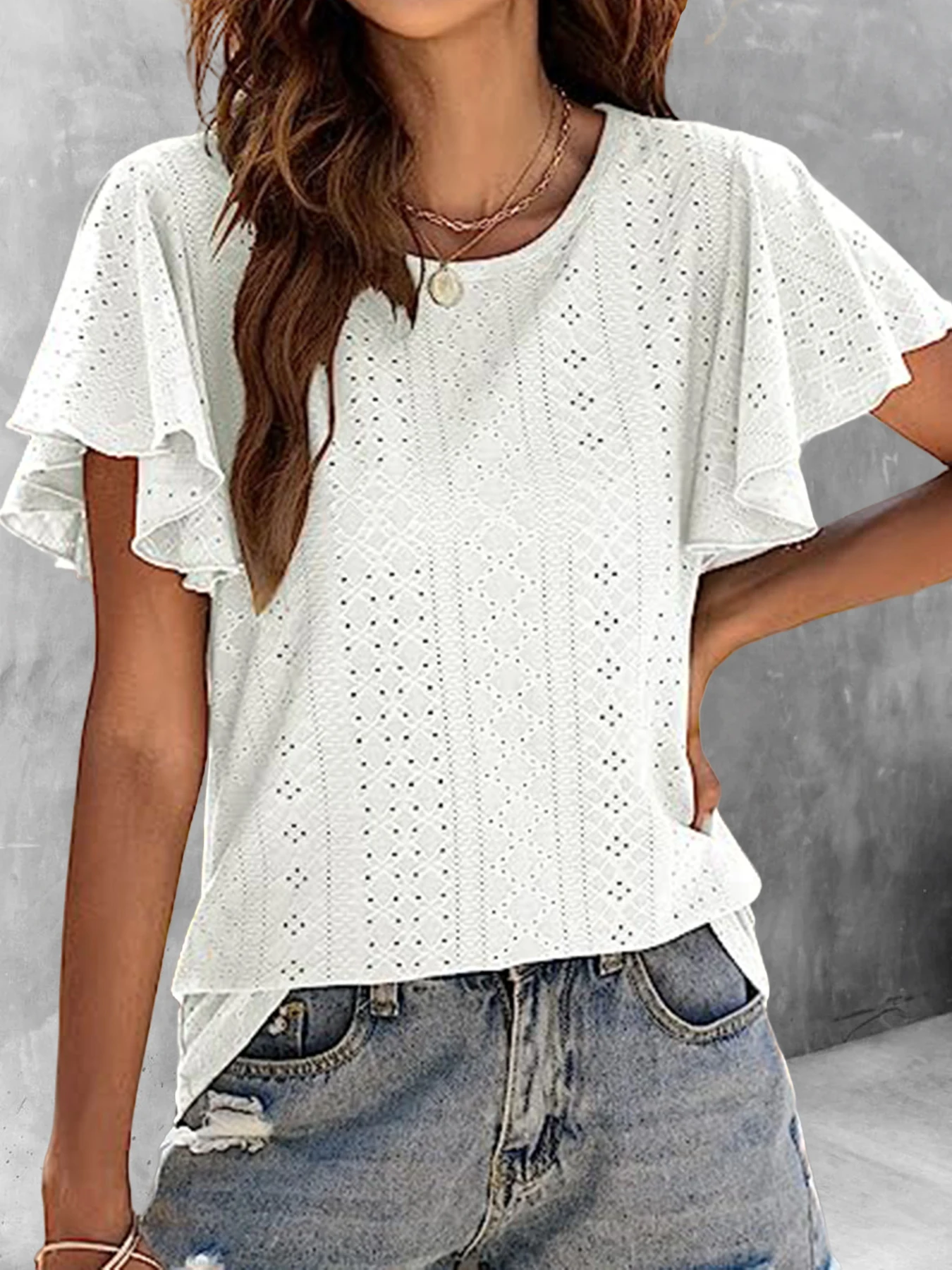 Women Summer Casual White Color Blouses Shirts Basic O Neck Short Sleeve Knitted Tops Ladies Elegant Hollow Out Blouse