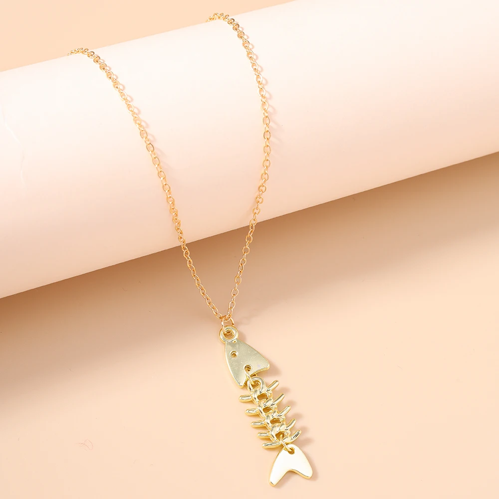 Aihua Neue Personalisierte Edelstahl Fisch Knochen Anhänger Halskette Für Frauen Männer Hip Hop Sommer Strand Urlaub Schmuck Geschenke – Detail 4