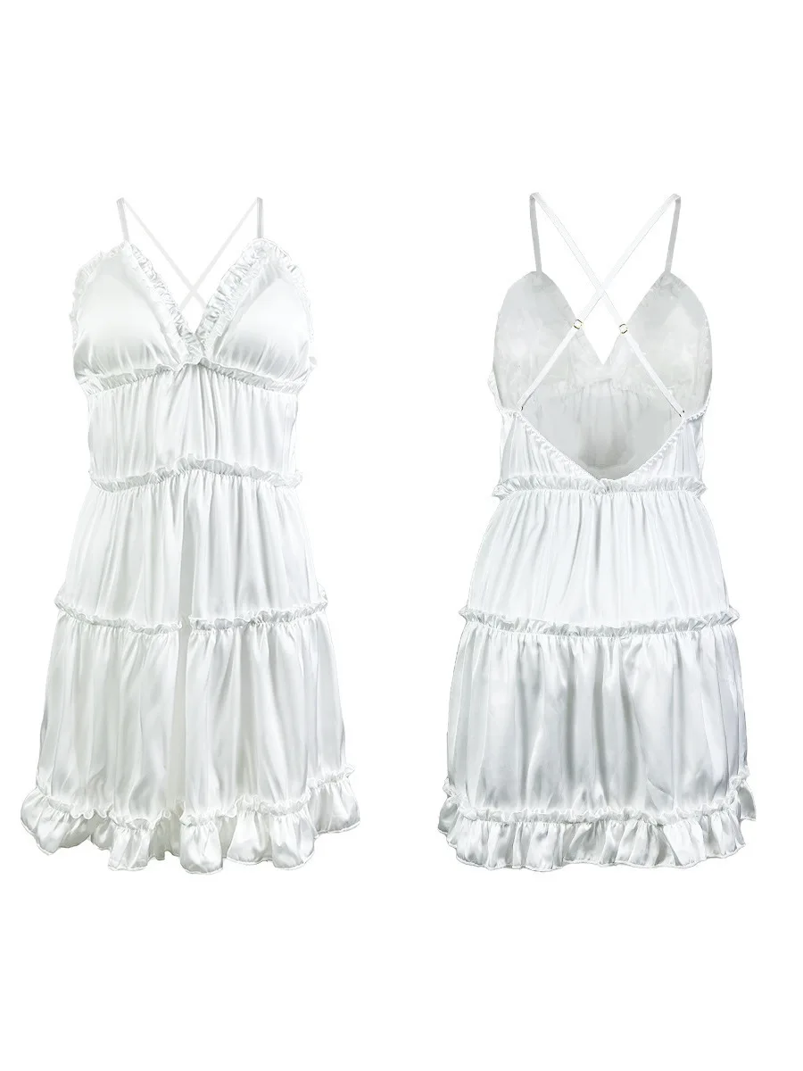 Mini robe sexy en satin avec col en V et coussin de poitrine, tenue de nuit élégante, couleur blanche, nouvelle collection 2024, G5HE