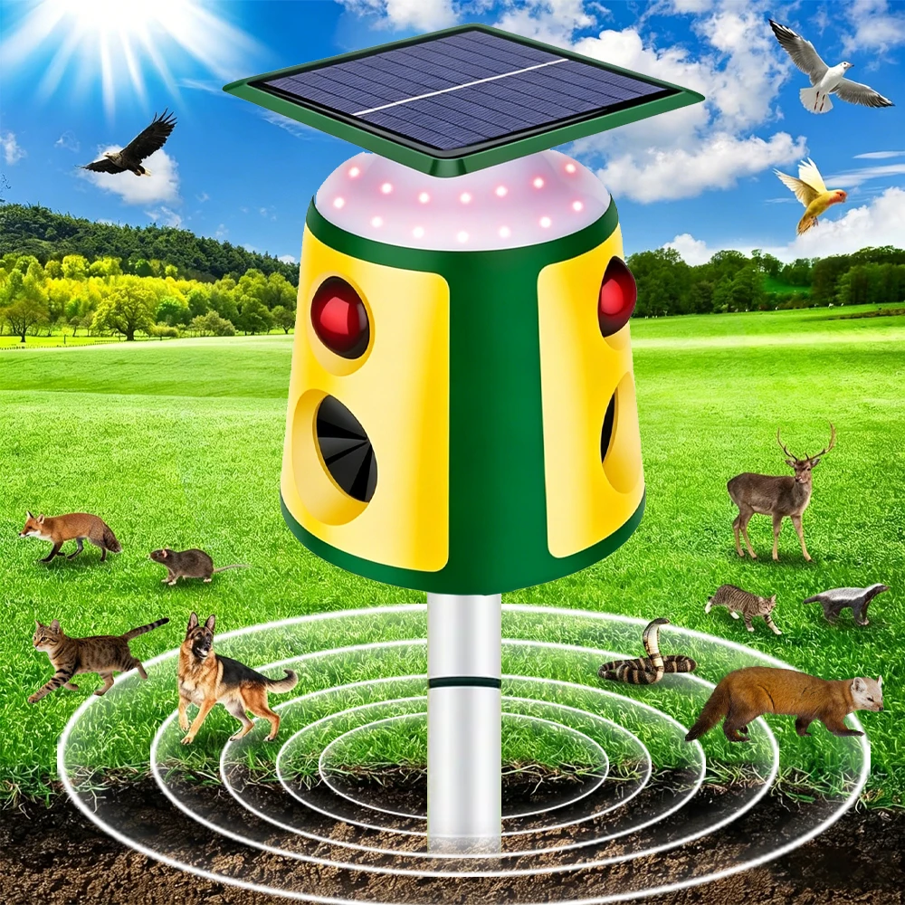Solarbetriebener Tiervertreiber mit 360-Grad-Infrarotsensor und Hochleistungs-LED-Taschenlampe zur Abwehr von Nagetieren und Vögeln im Garten für mehr Sicherheit im Freien