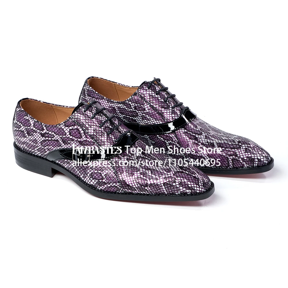 Purple Snake Print Lace Up Monk Strap Oxford Shoes Python Pattern Patent Trim Buckle Formal Dress Shoes Side Monk Strap Footwear