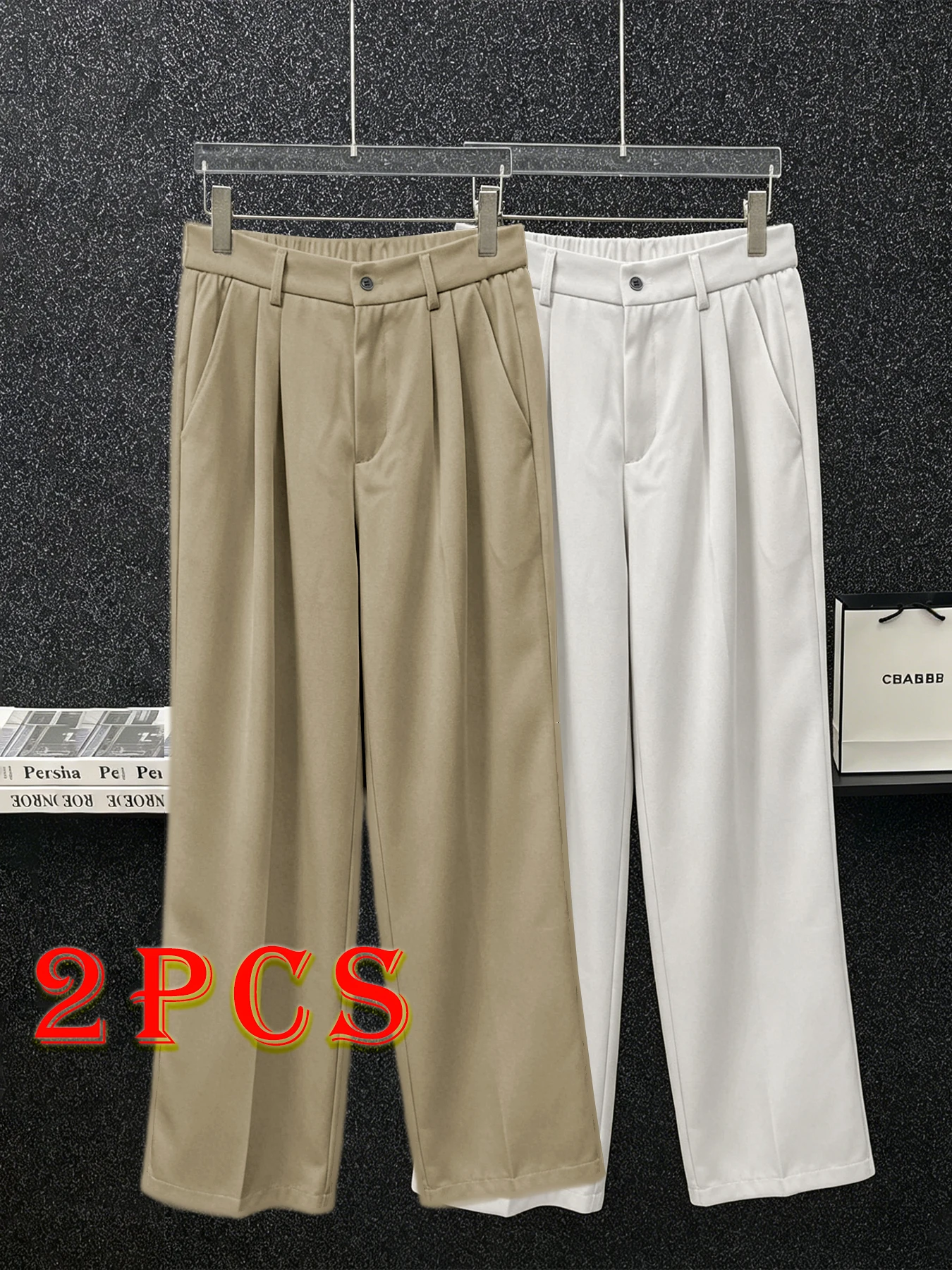 

(2 PCS)New Men Straight Pants Fashion Korean Loose Suit Trousers Casual Draped Baggy White Wide Pant Male Streetwear
