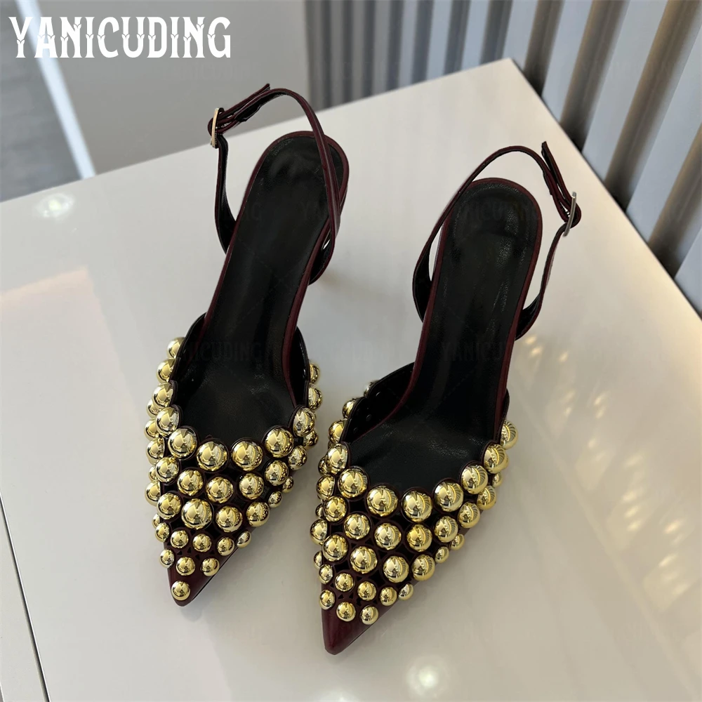 Metallic Beaded Hollow Pumps Back Buckle Pointed Stilettos Customizable Multicolor Leather High Heels for Women Handmade Pumps