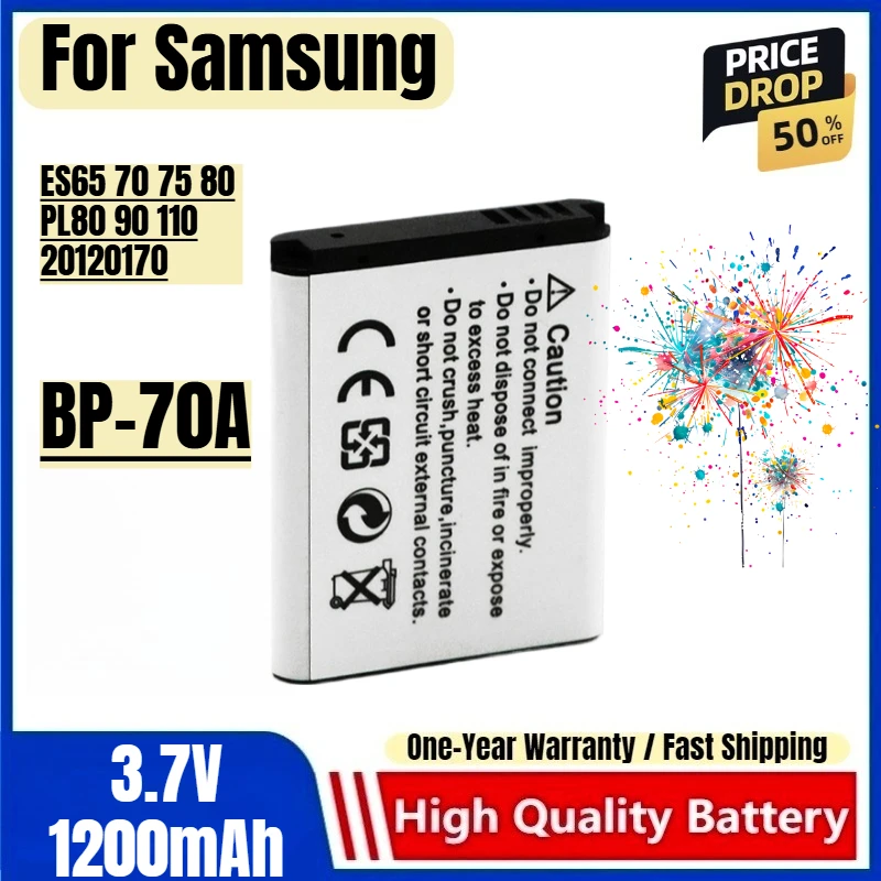 

BP-70A Battery 3.7V 1200mAh Rechargeable Batteries and Charger for Samsung ES65 70 75 80 PL80 90 110 20120170 Camera Battery