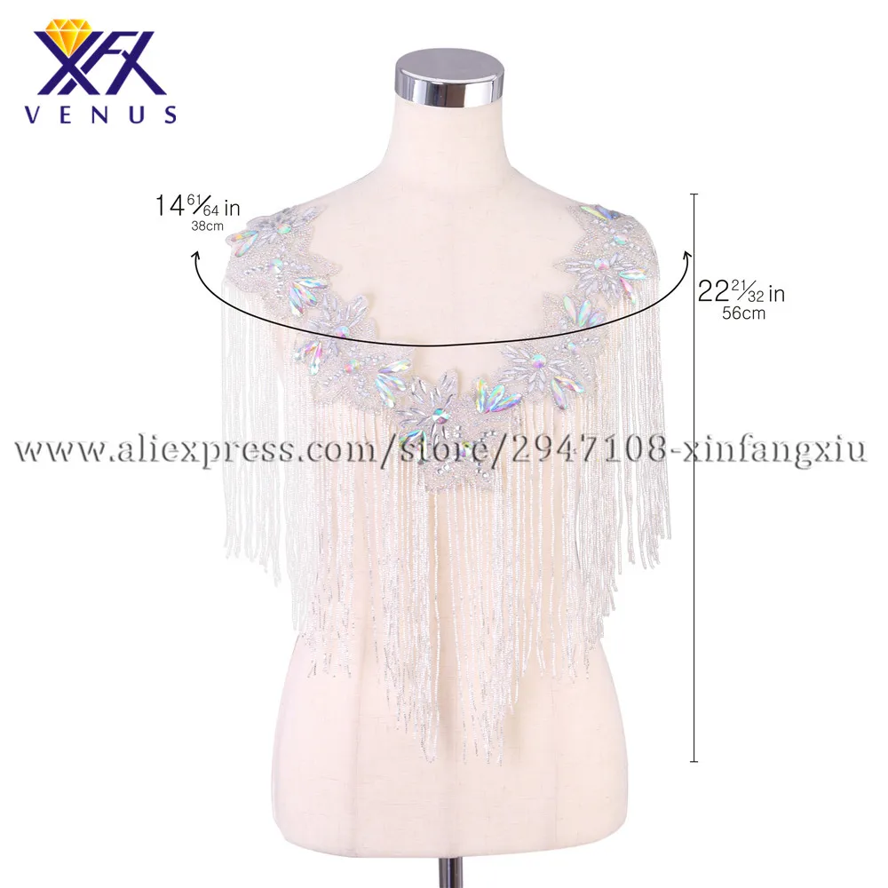 XFX VENUS Hot sale new tassels style rhinestone patches V neck wedding embroidered crystal beaded fashion beaded applique